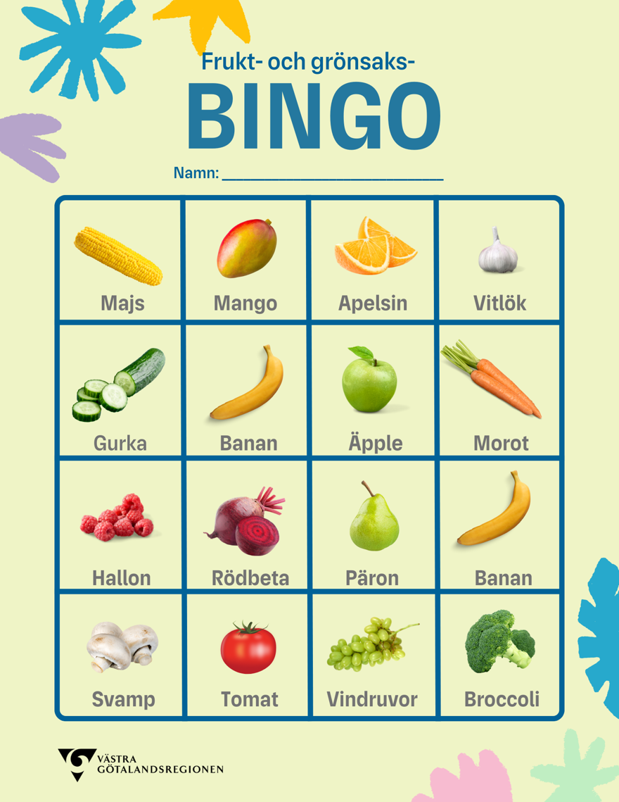 Frukt- och grönsaksbingo med majs, mango, apelsin, vitlök, gurka, banan, äpple, morot, hallon, rödbeta, päron, svamp, tomat, vindruvor och broccoli.