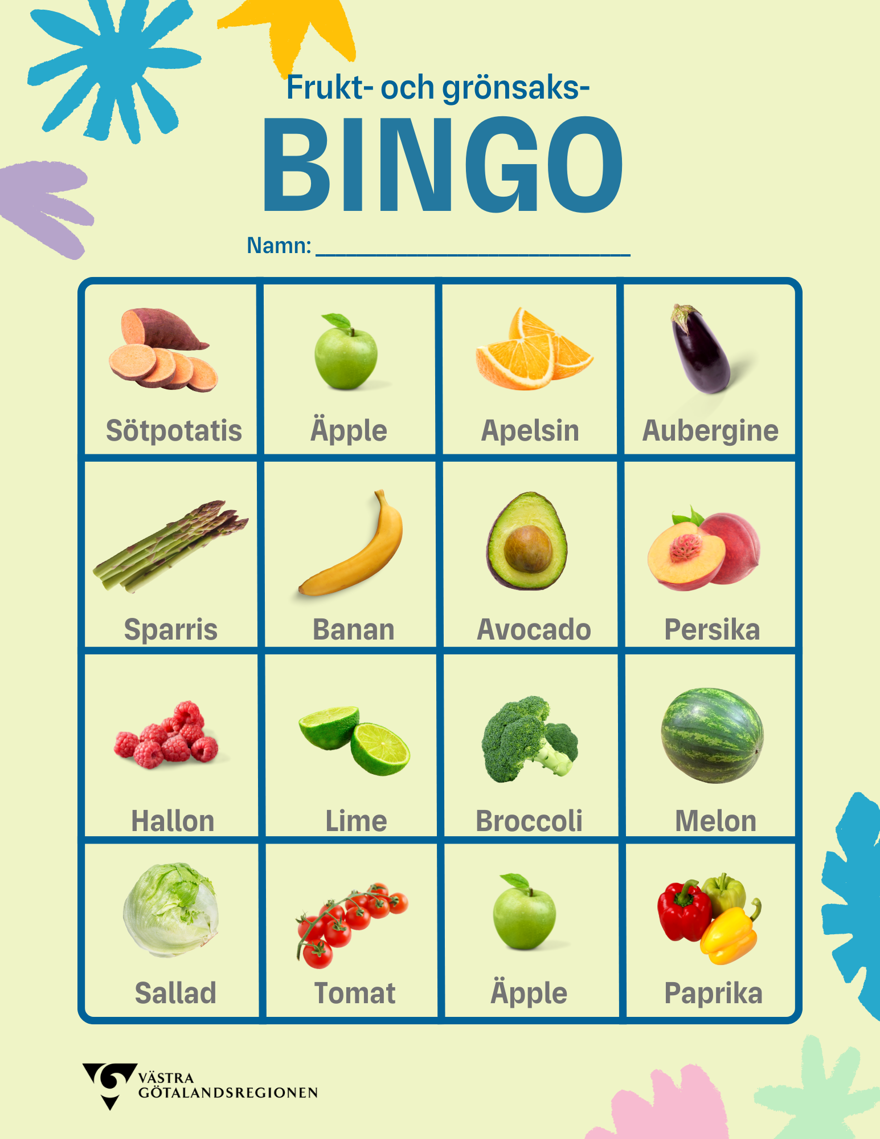 Frukt- och grönsaksbingo med sötpotatis, äpple, apelsin, aubergine, sparris, banan, avocado, persika, hallon, lime, broccoli, melon, sallad, tomat, äpple och paprika.