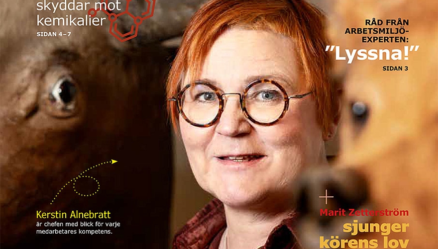 Rödhårig kvinna med glasögon tittar in i kameran