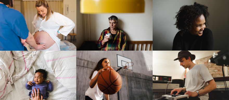 Kollage med sex olika fotografiska bilder med olika typer av människor. Olika åldrar, hudfärger, utseenden i olika vardagliga situationer.