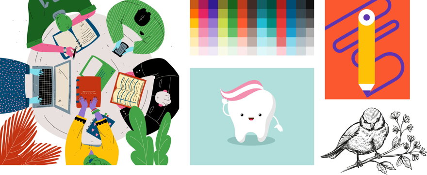 Kollage med olika illustrationer i olika stilar som hålls samman av att de alla utgår från samma färgpalett.