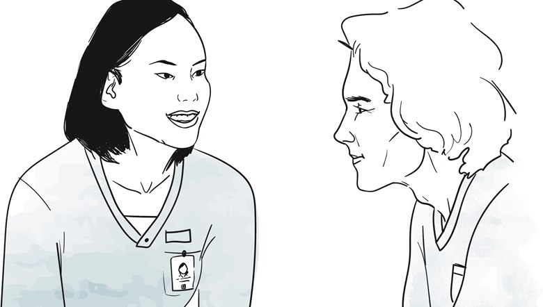 Illustration av två personer som arbetar med tandvård samtalar med varandra.