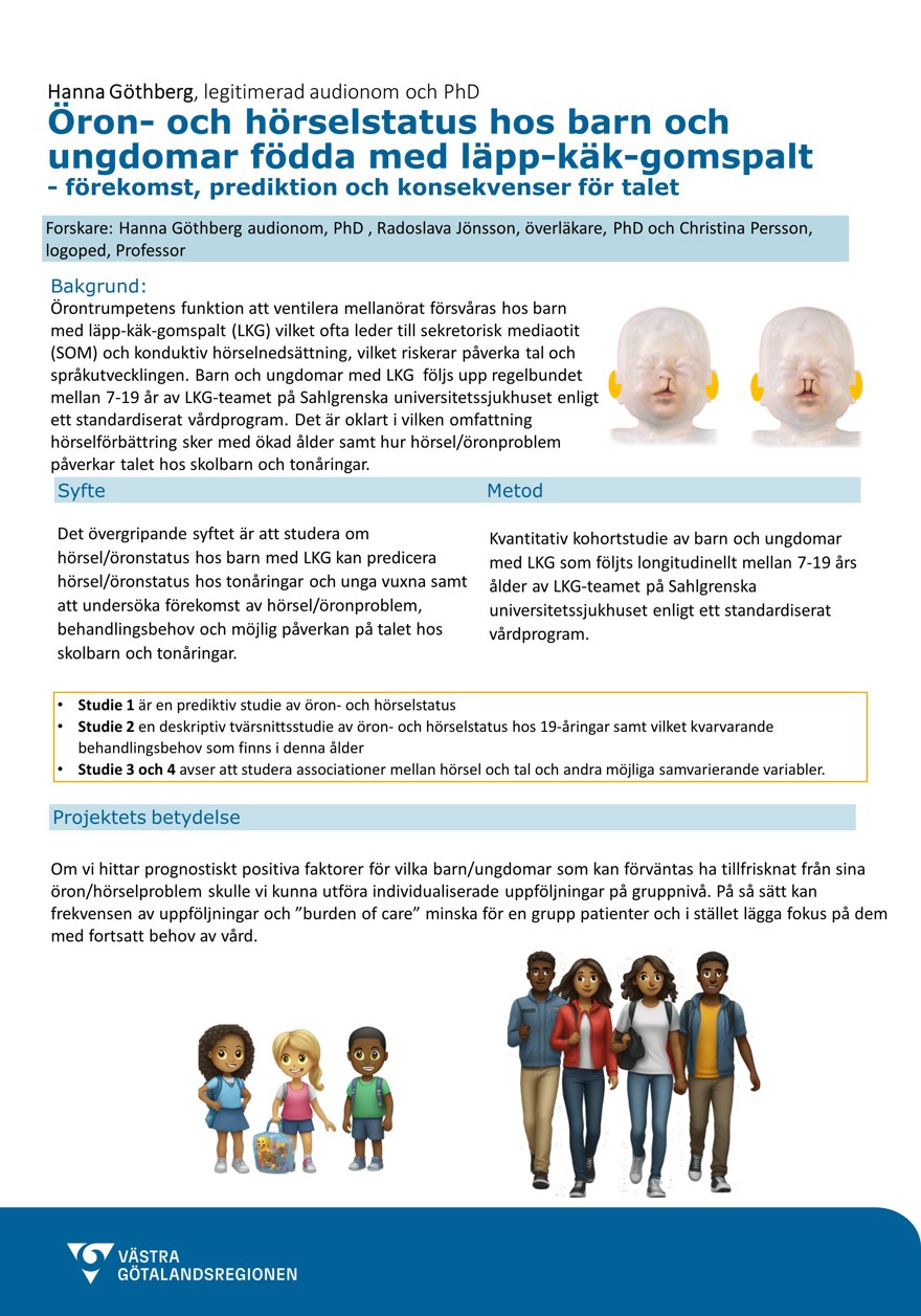 Poster vars innehåll finns i textform på webbsidan. Modell av småbarn med läpp-käk-gomspalt samt tecknade figurer i grupp.