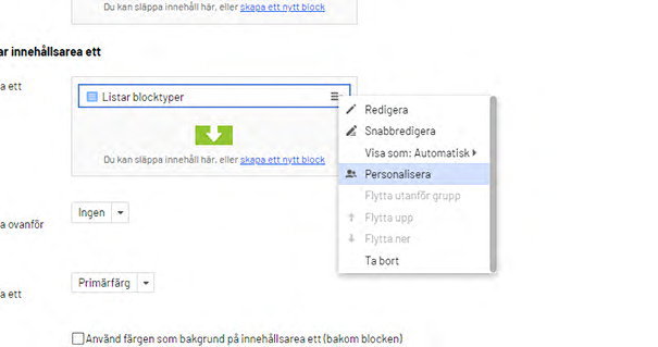 Välj personalisera i blockets redigeringsmeny