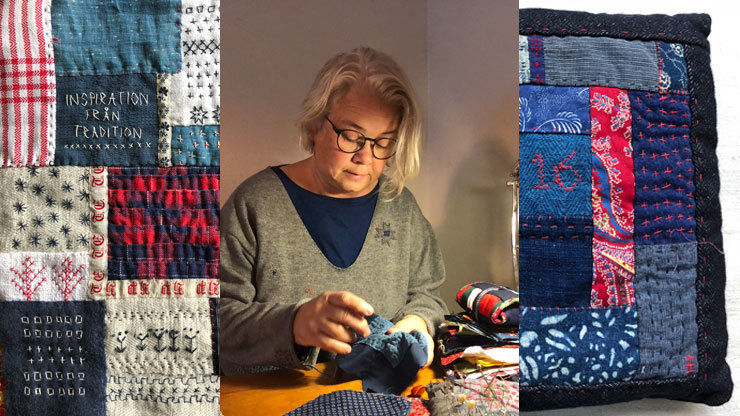 Foto av boderier och en kvinna som syr