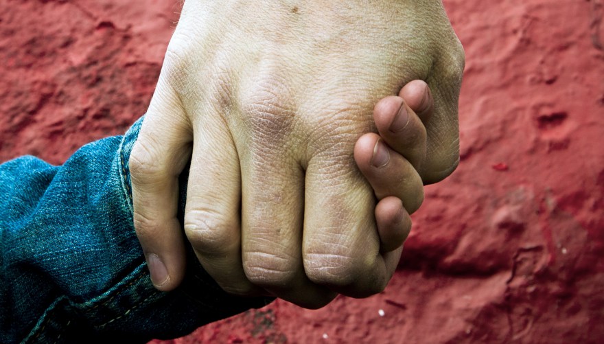 en barnhand håller i en vuxen hand