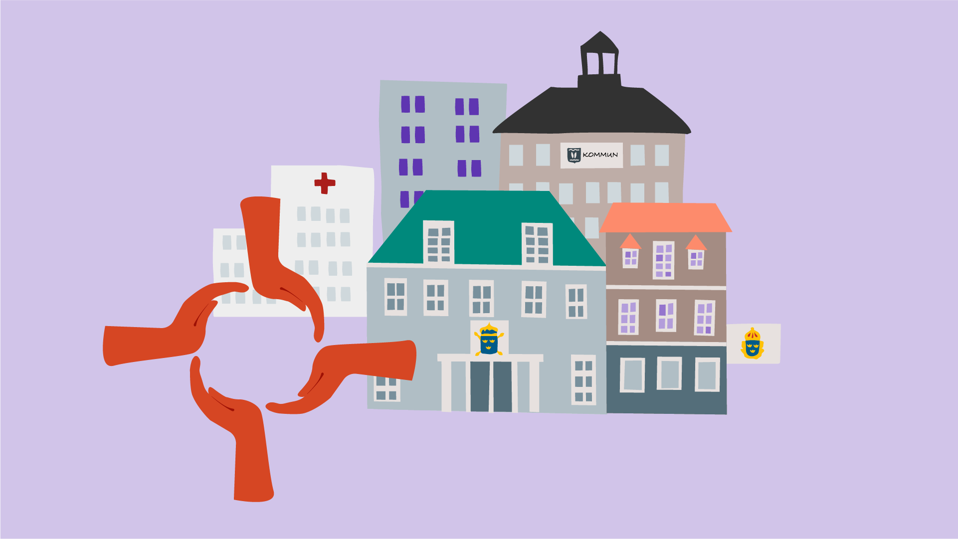 Flera hus och några händer i en ring.