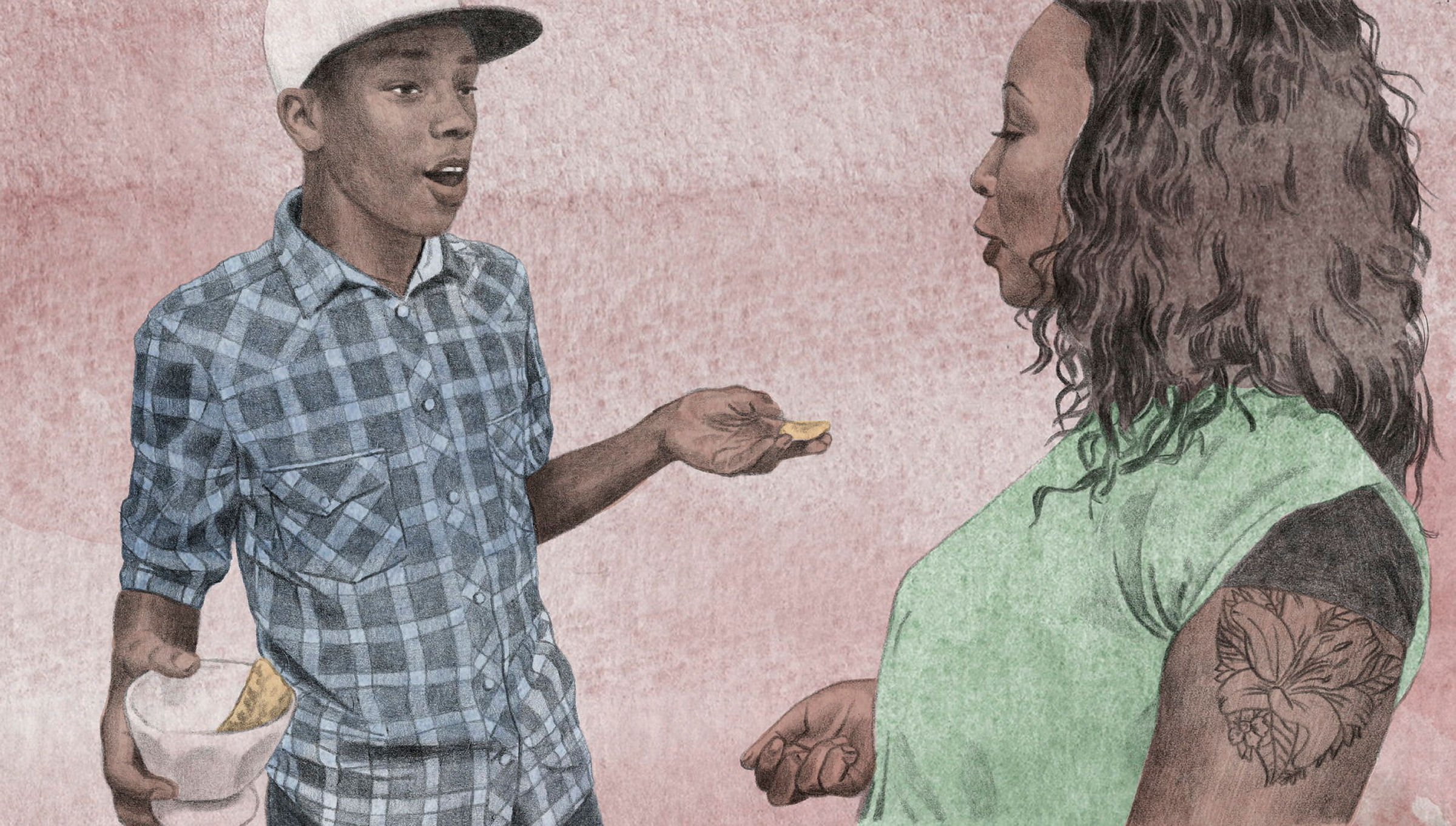 Illustration av ett barn och en förälder som står och pratar.