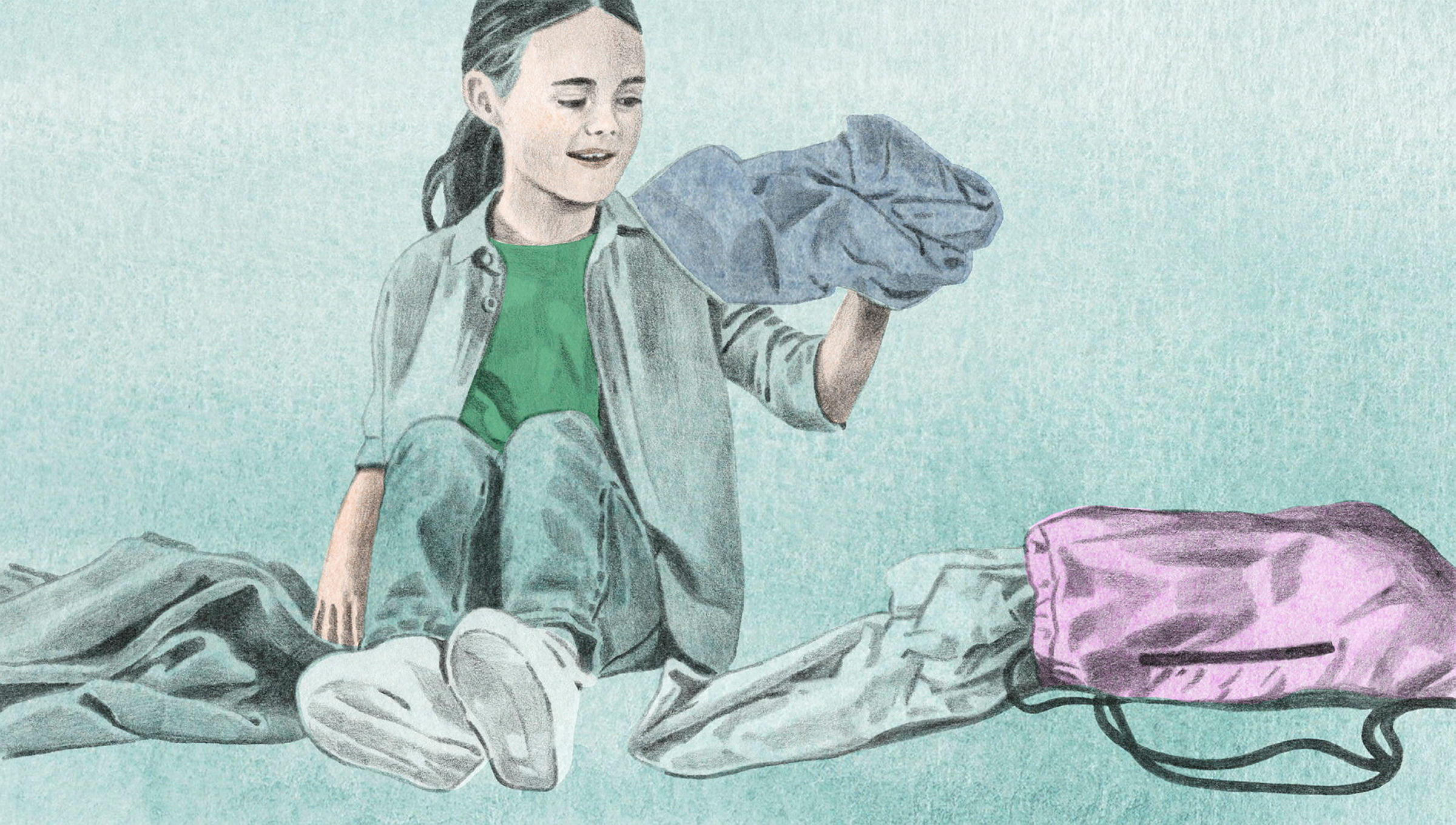 Illustration av ett barn som sitter på golvet med kläder och en gympapåse runt sig.