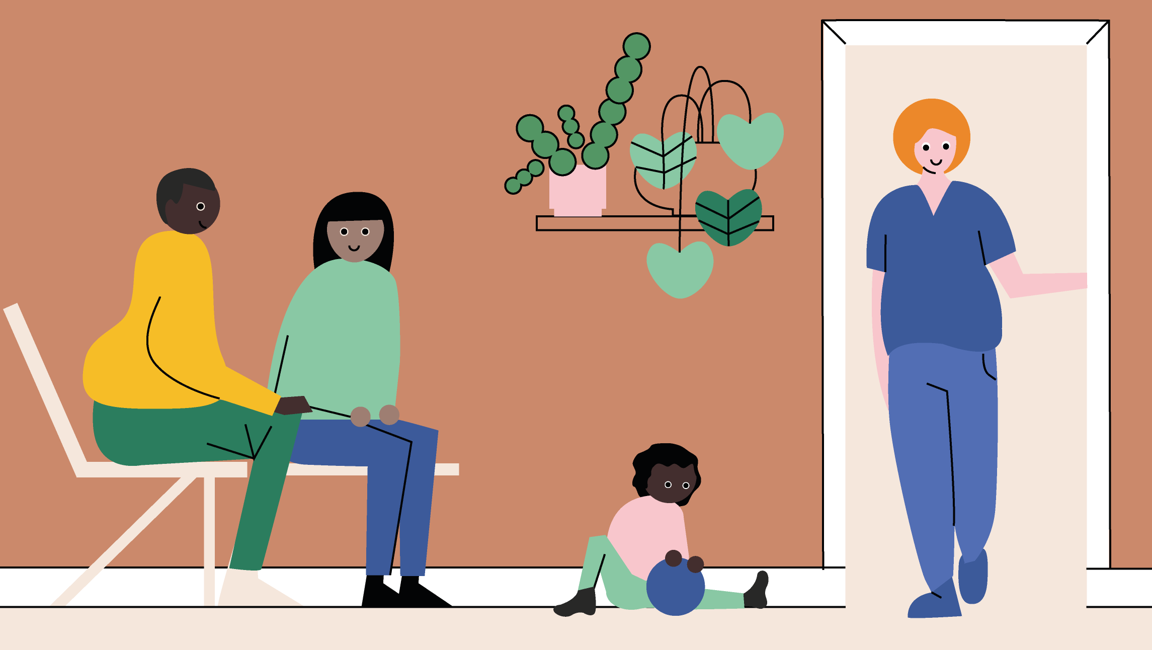 Illustration av väntrum med ett barn som leker med en boll. 