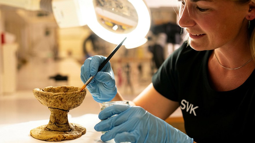 Konservatorn håller i en pensel med ena handen och en glasburk med en vätska i med den andra. Hon har blå latexhandskar. Framför henne står vaxkalken som hon penslar med innehållet från glasburken.