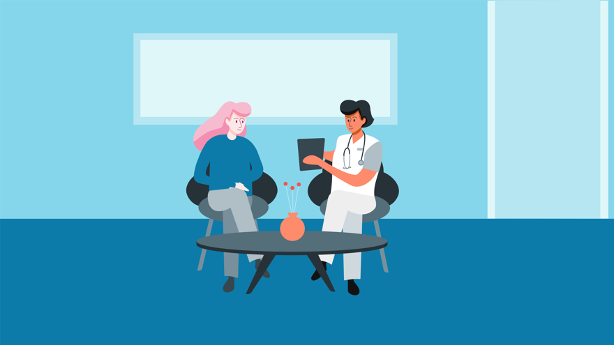 Två personer pratar och tittar på en läsplatta