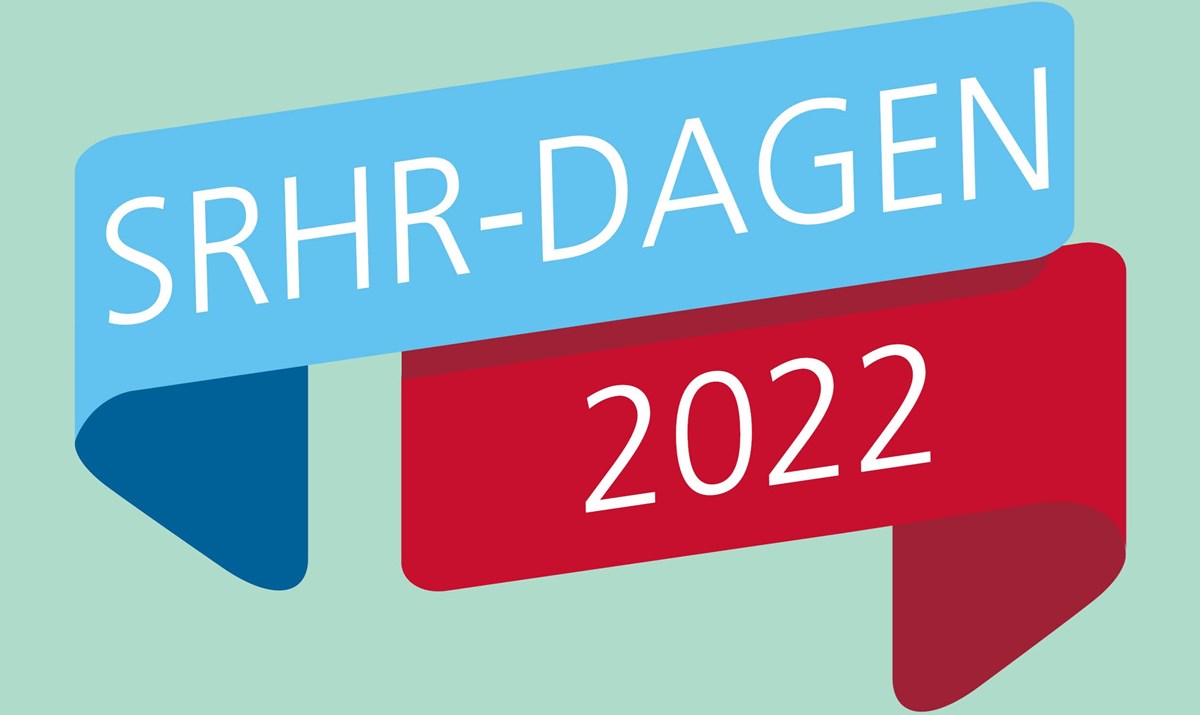 Logga med ett blått och ett rött band med texten SRHR-dagen 2022