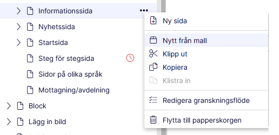 Skärmdump från Optimizely. Delar av trädstrukturen syns. Rutan för att skapa ny sida är uppfälld. Nytt från mall är det andra valet.