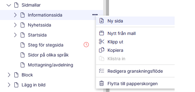 skärmdump som visar lite av trädstrukturen i Optimizely och den uppfällda rutan där man väljer att skapa Ny sida, det är det översta valet