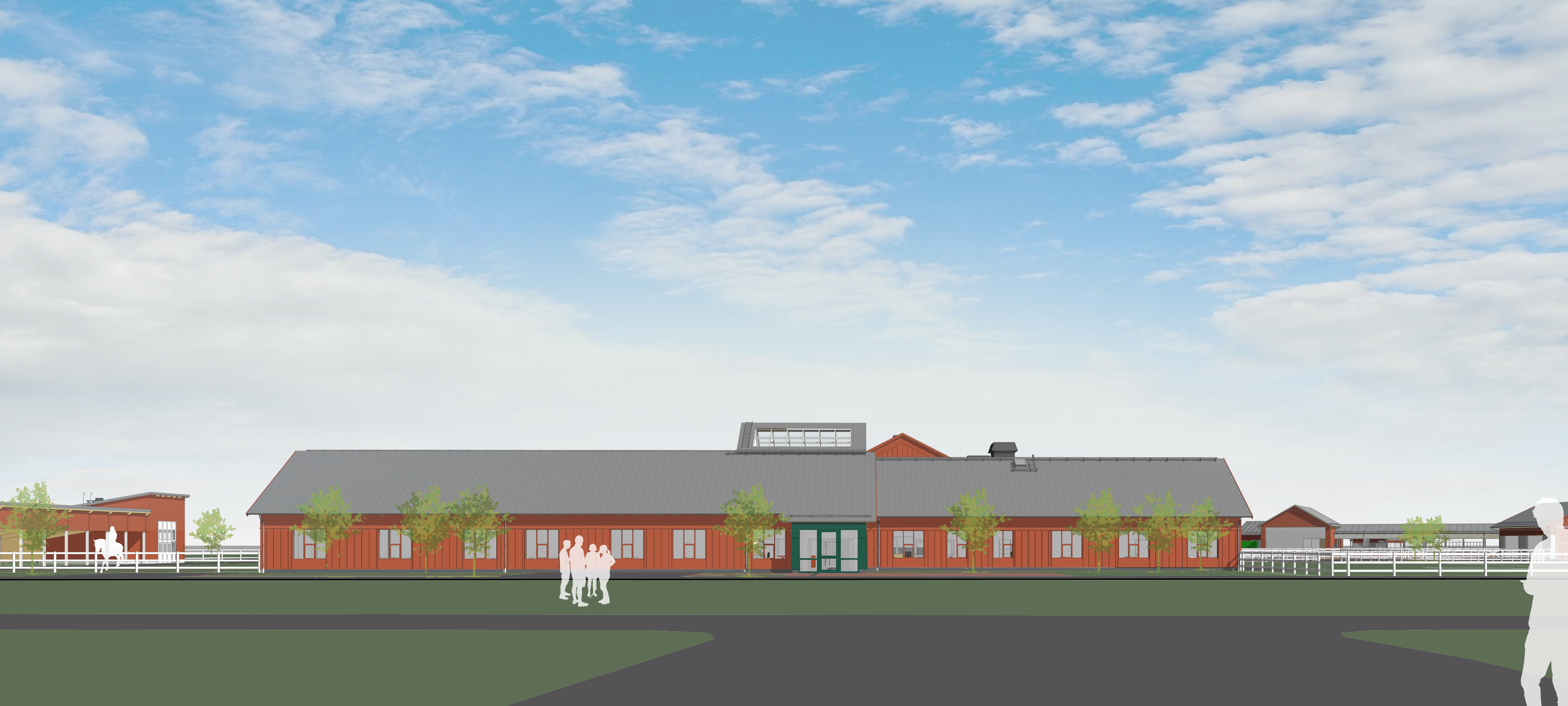 Illustration med röda byggnader mot en blå himmel