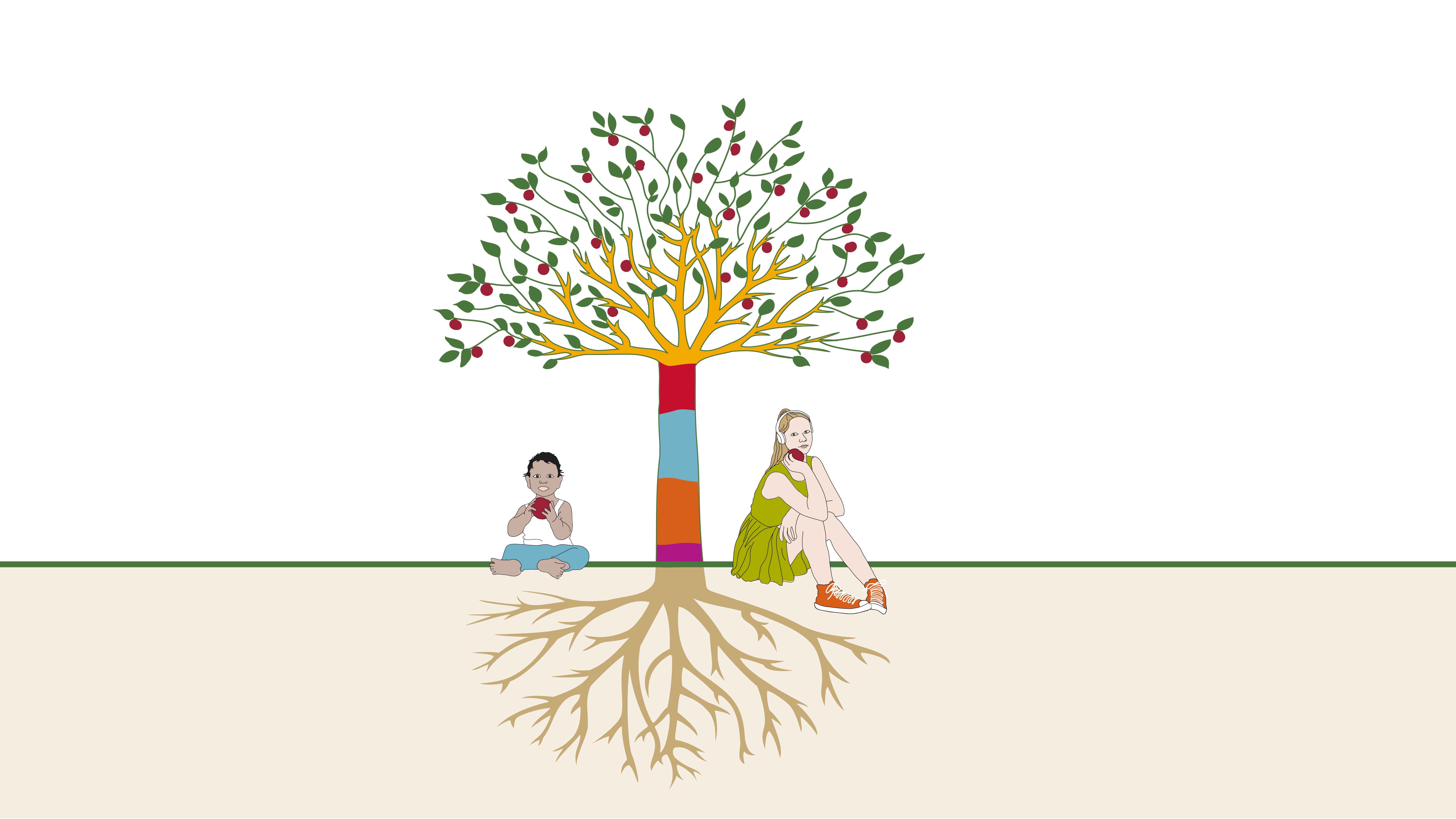 Ett äppelträd fullt med äpplen. Under trädet sitter två barn som håller i varsitt äpple.