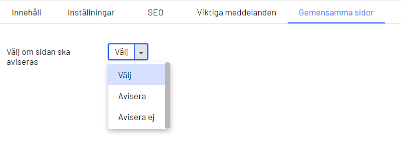 Skärmklipp av funktionen att välja om en sida ska aviseras.