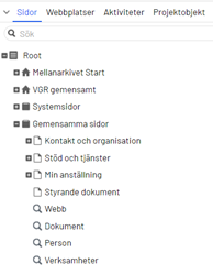 Skärmklipp av trädstrukturen i Optimizely som visar var Gemensamma sidor visas.