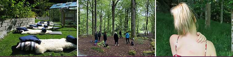 Collage: Liggunderlag med kuddar och plädar på gräsmatta i Gröna Rehabs trädgård, kroppskännedomsövning i bokskogen, kvinna fotograferad bakifrån håller sin hand på  sin ömmande nacke