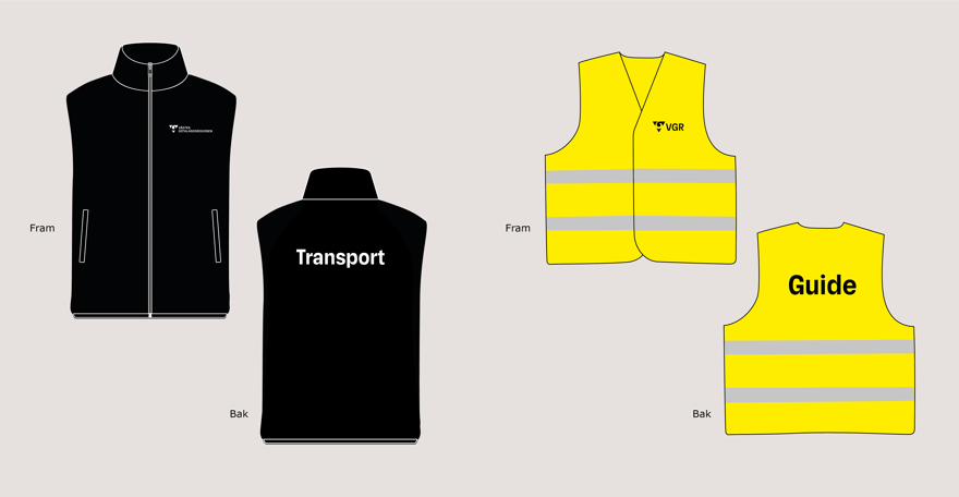 Kollage som visar hur logotyp och text kan placeras på västar.