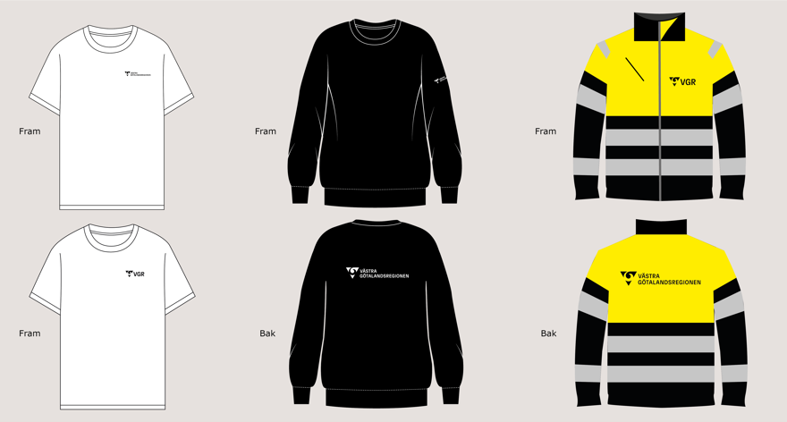 Kollage med skisser över arbetskläder och hur logotypen kan placeras på bröst, ärm och rygg. Det visas en vit t-shirt, långärmad tjocktröja och en jacka.