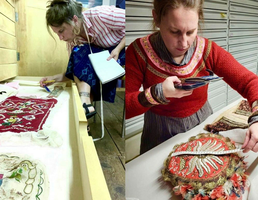 Två bilder där Lina Odell undersöker äldre folkliga broderier i museisamlingar.