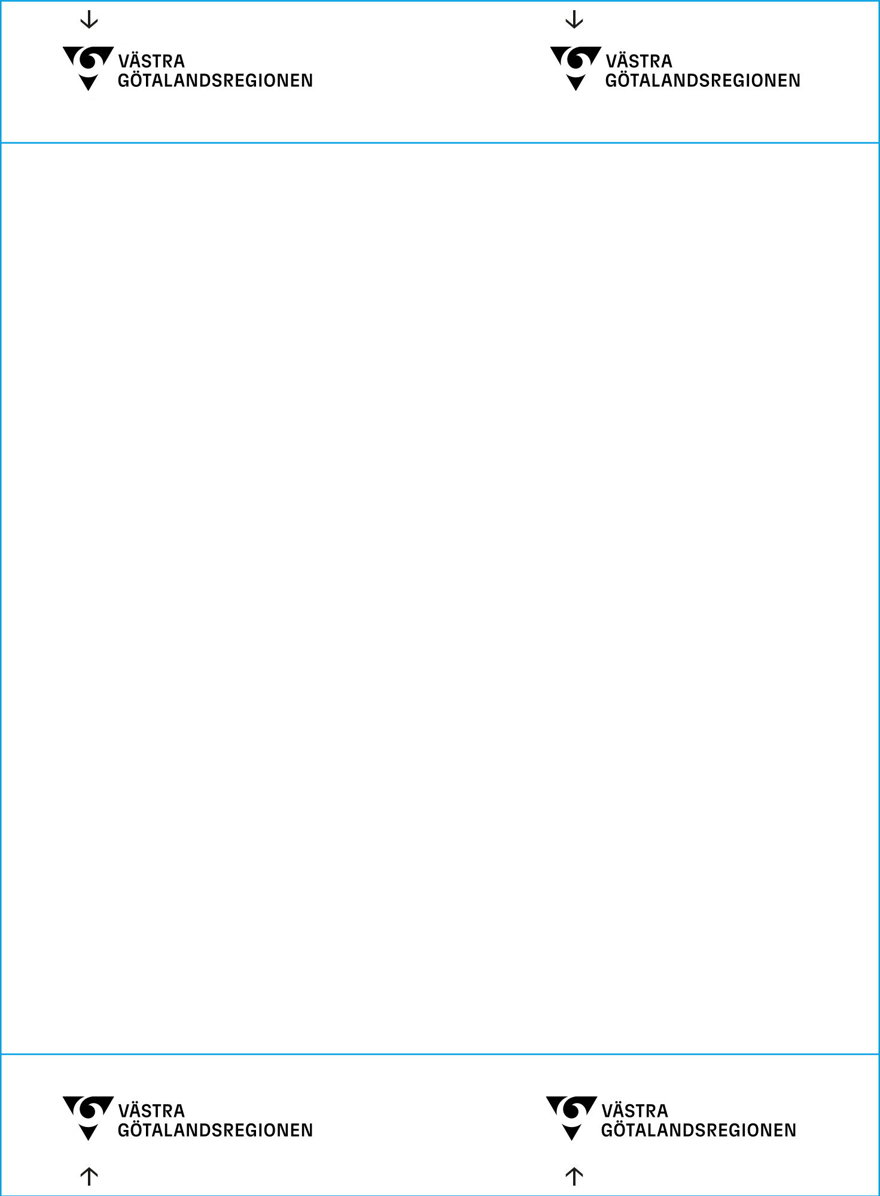 Vitt papper med placering av VGR logotyp i varje hörn, samt fyra pilar som riktas mot respektive logotyp