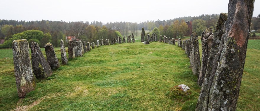 Skeppssättning i Blomsholm. Flera stenar står rakt upp i en oval form på ett fält.