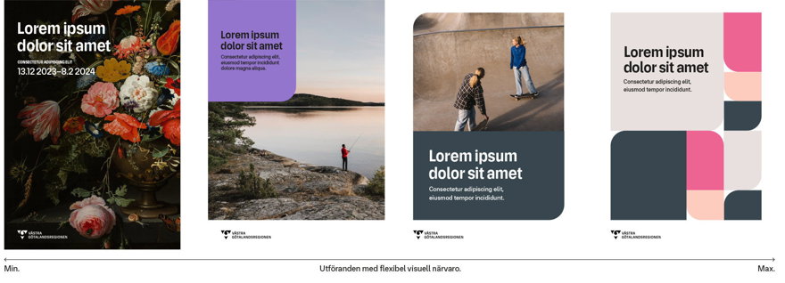 Exempel på foldrar bredvid varandra. Undertill är en skala från minimalt till maximalt antal grafiska former. Bilden längst till vänster har inga grafiska former, bara bild. Nästa har en grafisk form på en stor bild. Den tredje har en stor grafisk form och en stor bild. Den sista har många grafiska former utan bild.