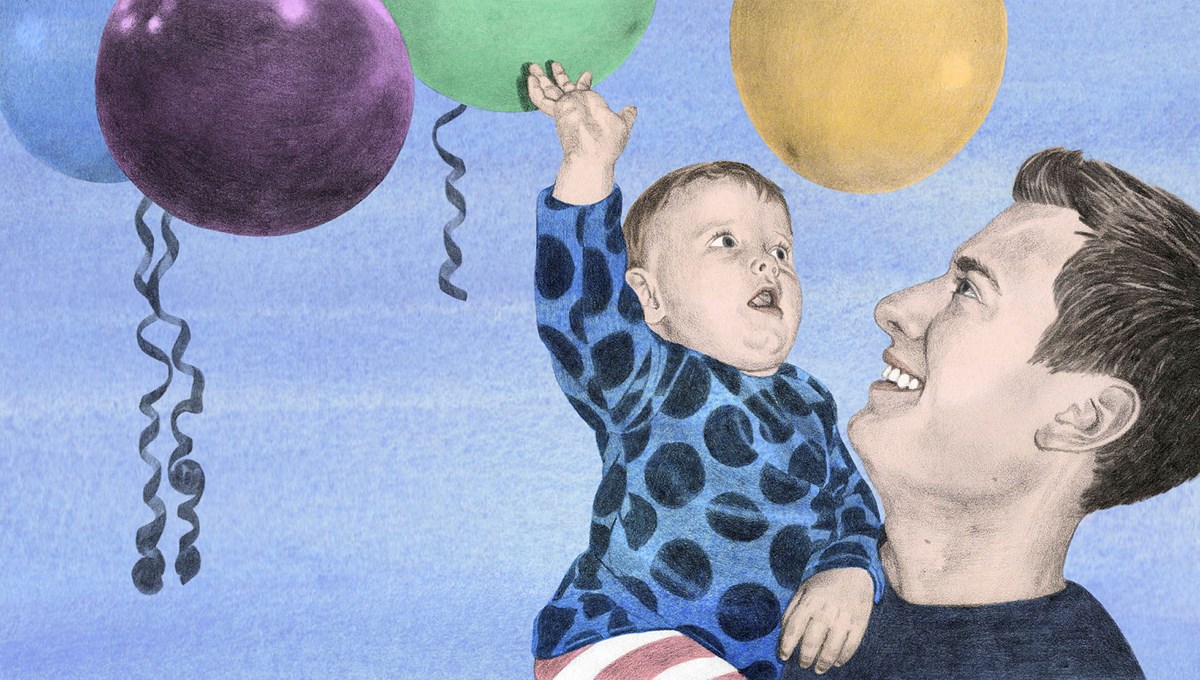 Illustration av förälder och litet barn som tittar på ballonger.