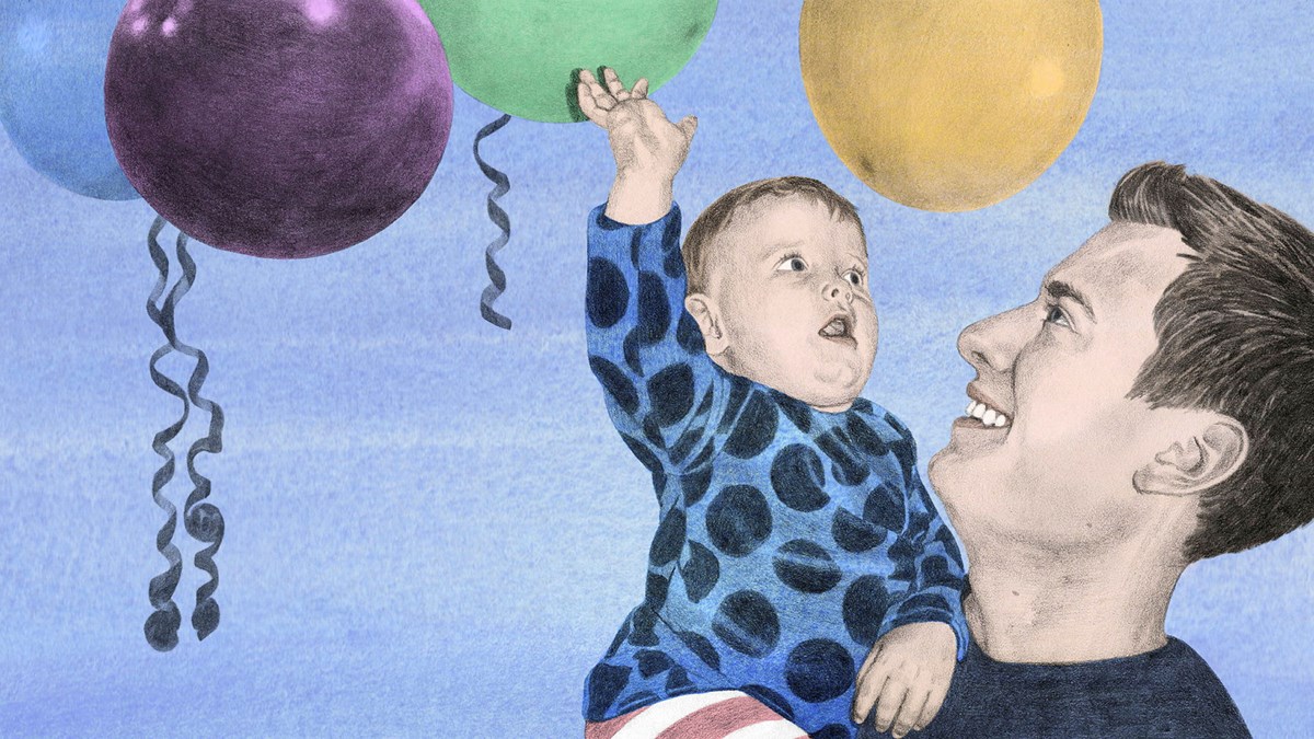 Illustration av förälder och litet barn som tittar på ballonger.