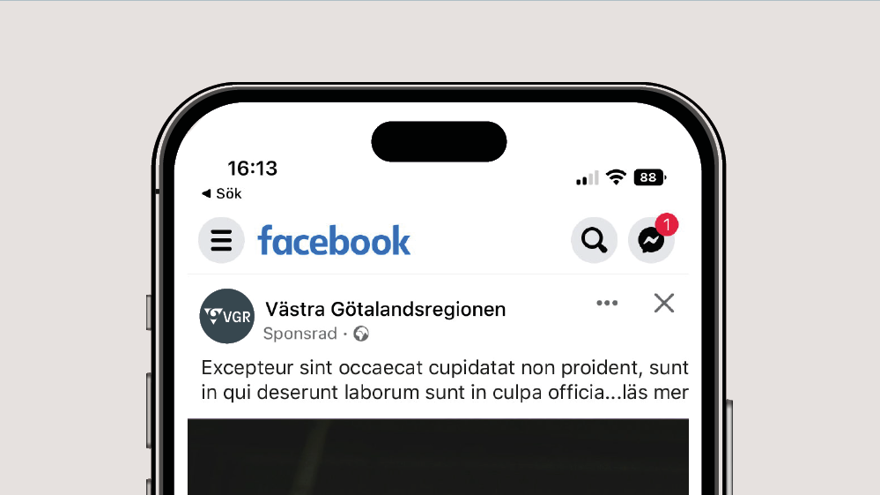 Exempelbild som visar toppen av ett Facebook-inlägg där Västra Götalandsregionens profilbild syns. Det är en kort VGR-logotyp med grå bakgrund.