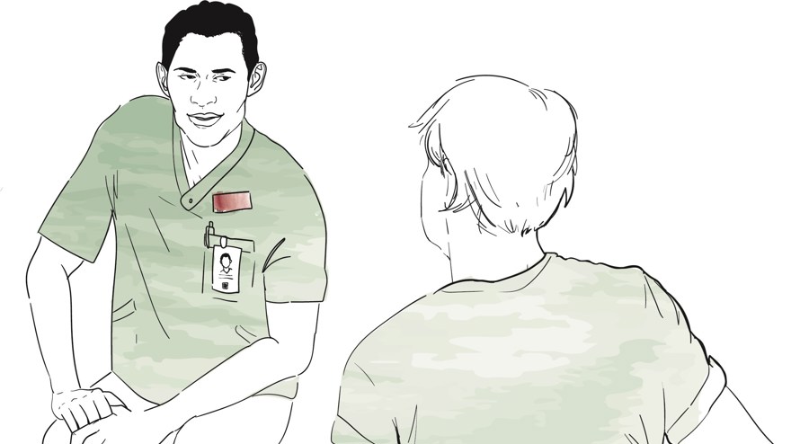 Illustration av två läkare som sitter och samtalar. En läkare syns framifrån och den andra bakifrån.