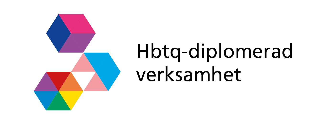 Tre sexkantiga former i regnbågsfärger och transfärger. Text_ hbtq-diplomerad verksamhet