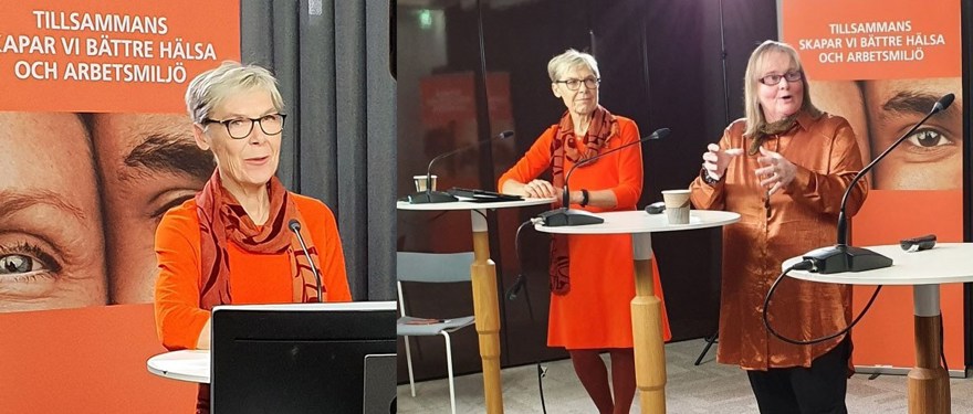 Två kvinnor som presenterar framför en rolups