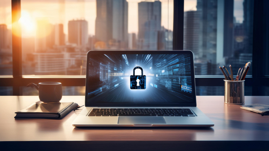 En dator med en skärmbild med ett stort hänglås står framför ett fönster med en storstadsvy.