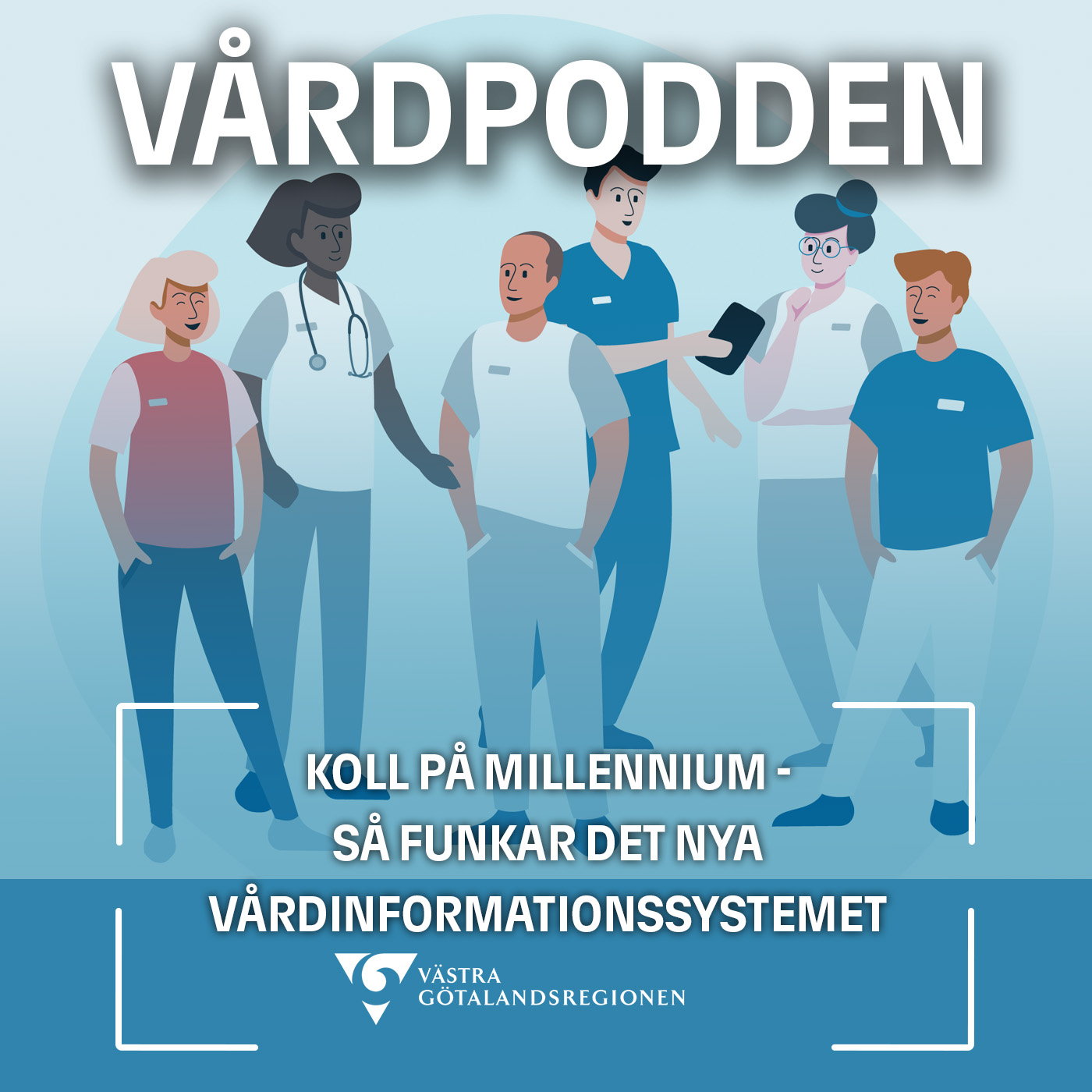 Illustration med en grupp personer med vårdklädsel.