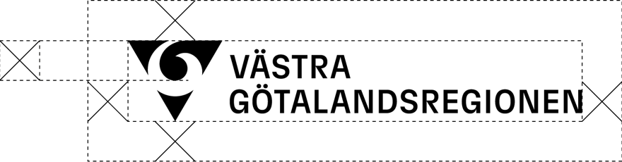 VGR-logotypen som består av en trekant med våg i mitten och texten Västra Götalandsregionen bredvid. Runt om logotypen är det ritade streck för att visa var frizonen är.