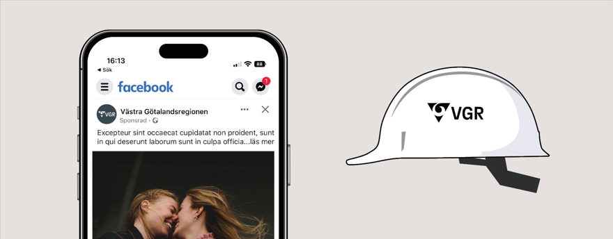 Kollage med två bilder som visar att den korta logotypen kan användas på exempelvis en mobilskärm och en bygghjälm för bästa läsbarhet