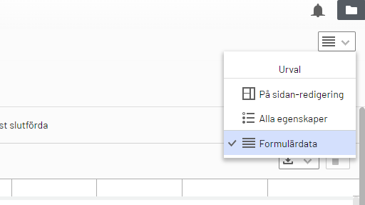 Skärmklipp från Optimizely. Vid knappen urval finns tre val, det sista valet "formulärdata" är markerat.