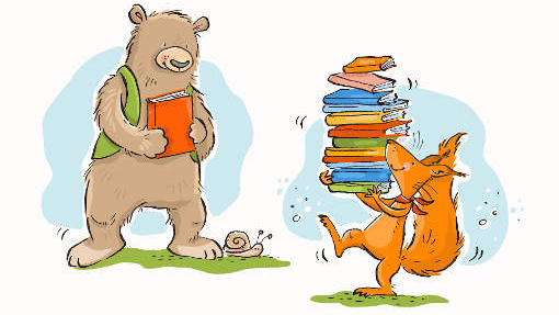 En illustration av en björn och en räv. Björnen står på två ben, är klädd i en grön väst och håller i en röd bok. Räven går på två ben, har en röd scarf runt halsen och kommer bärandes med en stor hög med böcker.