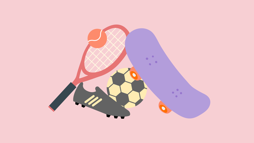 Illustration med olika idrottssaker. En skateboard, en fotboll och ett tennisracket.