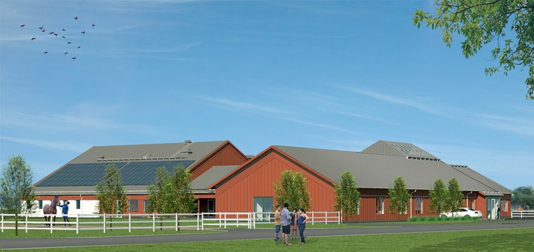 Exteriörbild av nya Axvalla Hästcentrum