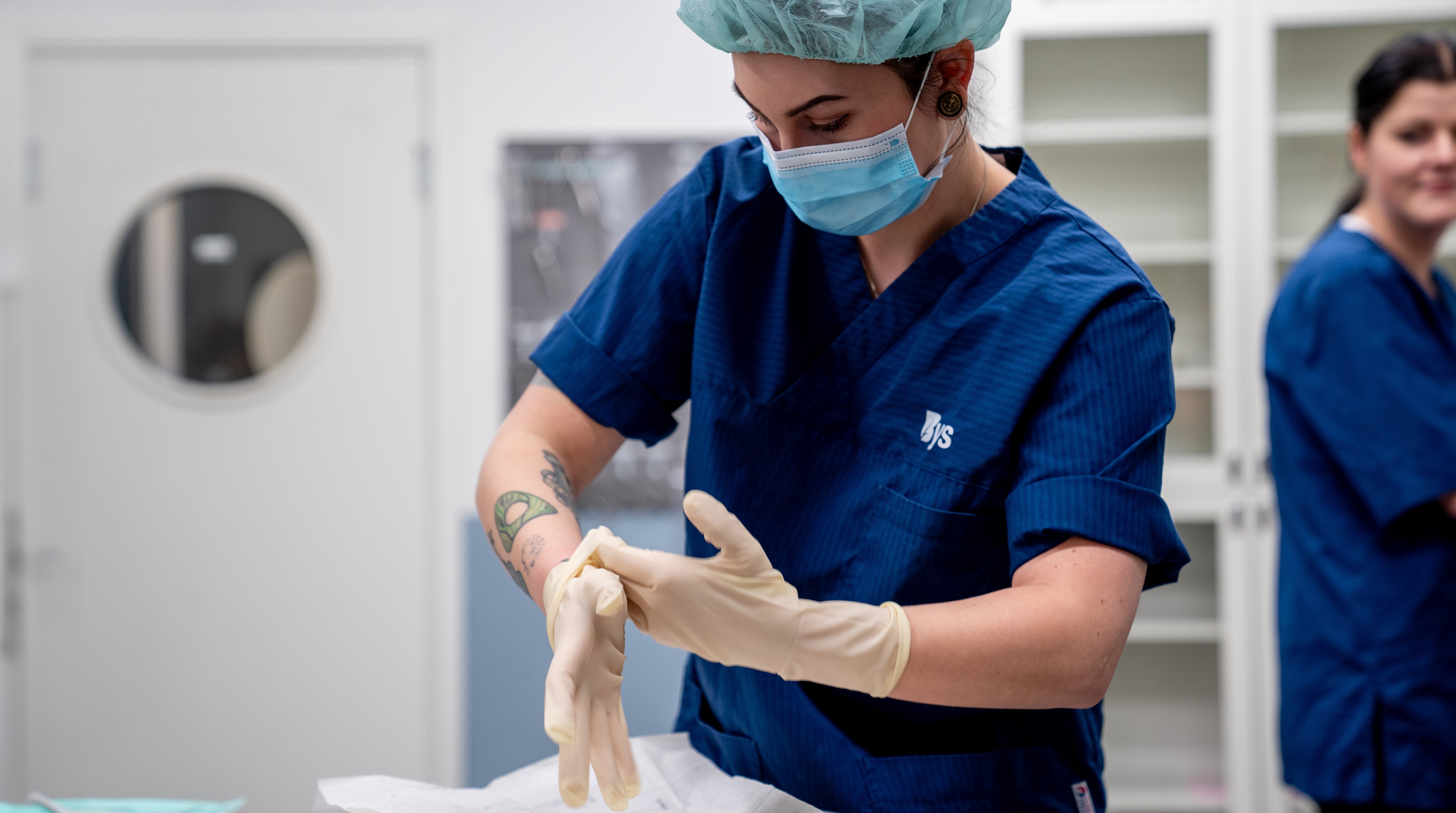 Djurvårdselev tar med skyddsmössa och munskydd tar på sig sterilhandskar