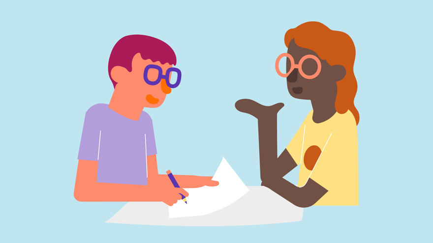 Två figurer som samtalar jämlikt.