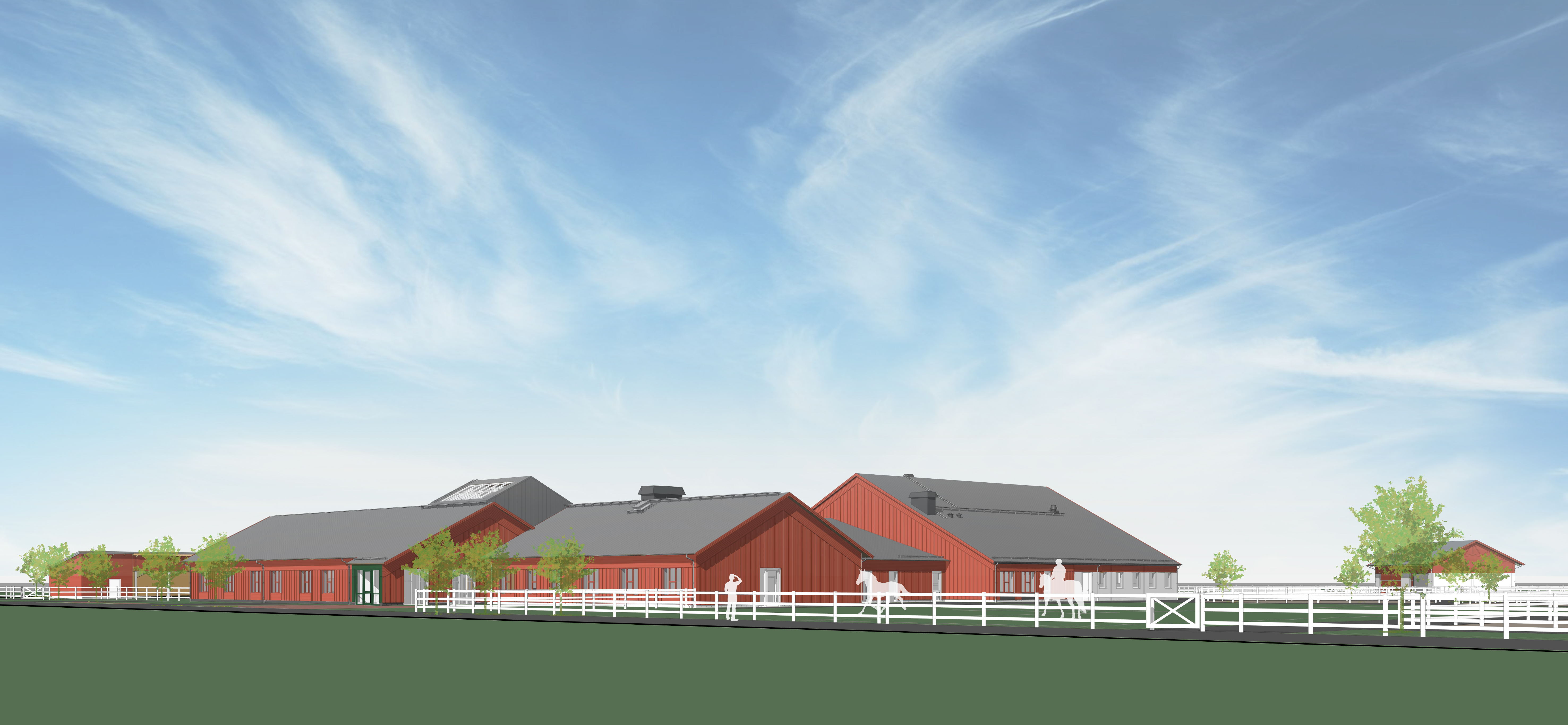 Illustration med röda byggnader mot en blå himmel