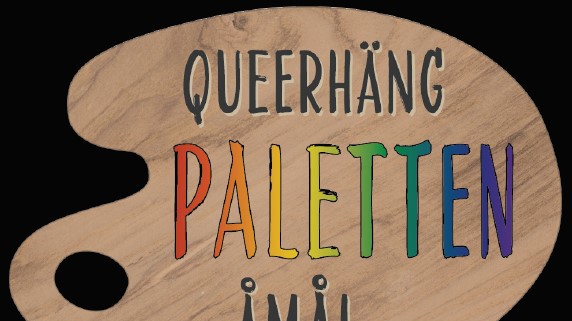 Tecknad målarpalett med texten QUEERHÄNG PALETTEN ÅMÅL