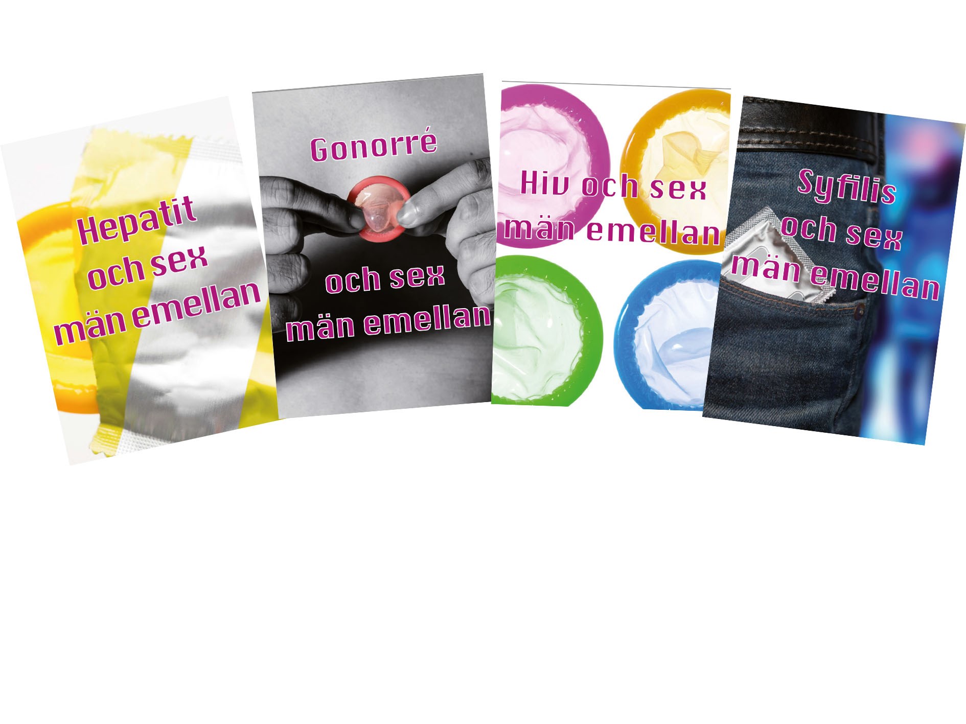 Fyra broschyrframsidor för sex män emellan med bilder på kondomförpackningar