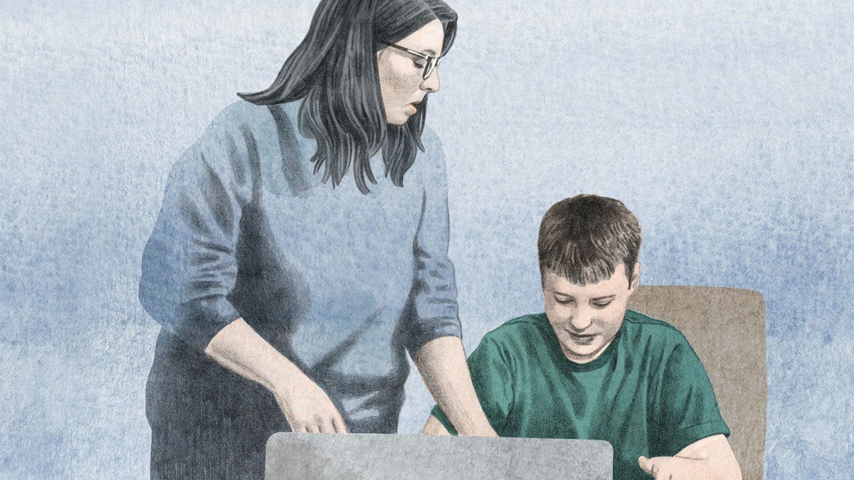 Illustration av ett barn som sitter framför en dator och föräldern som står bredvid.